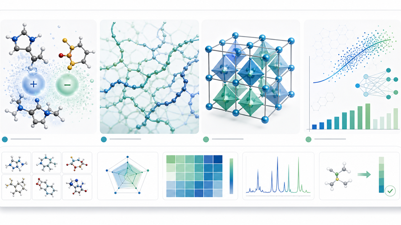 Scientific illustration of material exploration and property prediction
